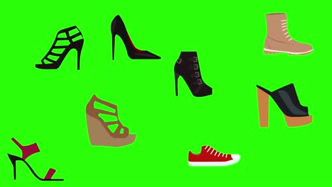 animation of women shoes group elements on green screen chroma key  flat design