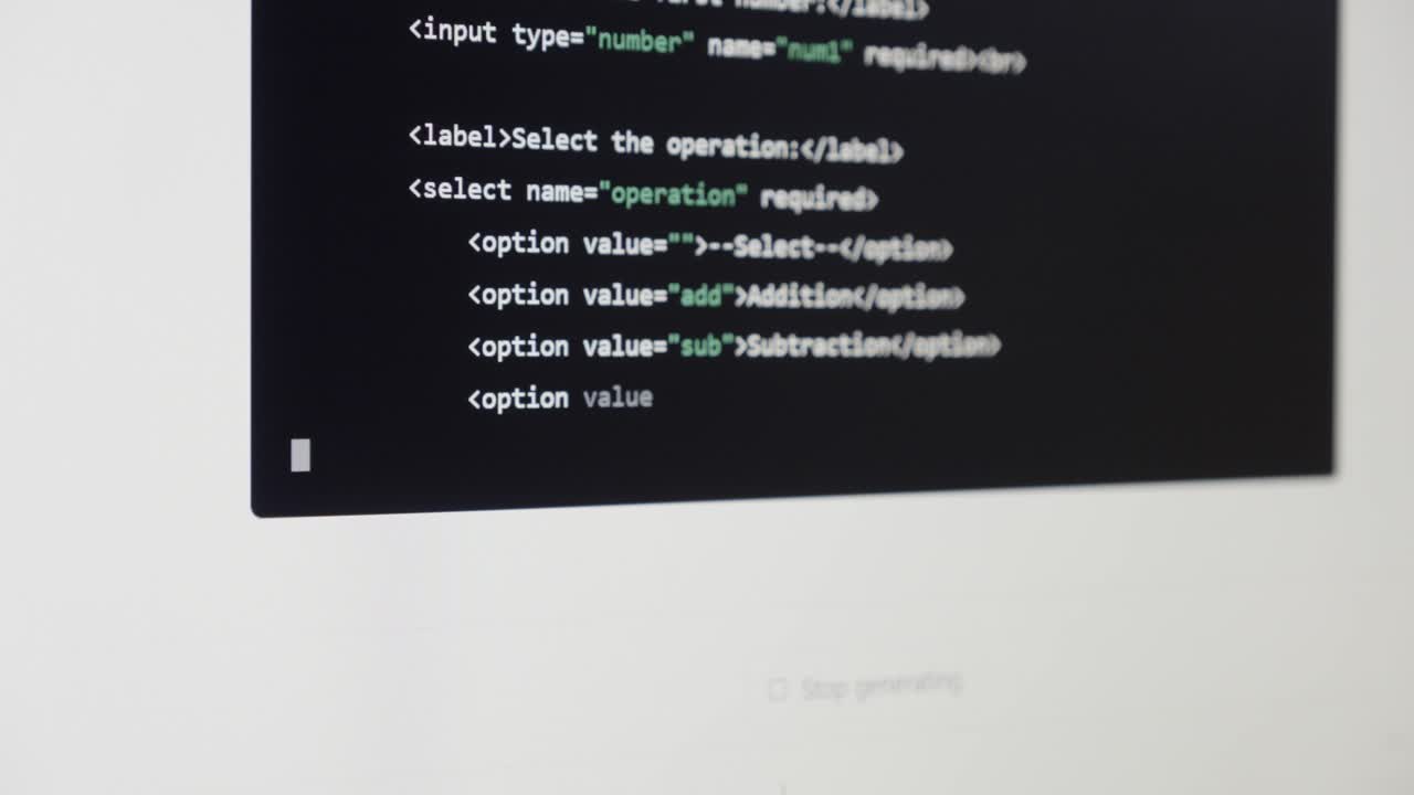Generating source code by ChatGPT or AI, real monitor screen capture, low aperture closeup view