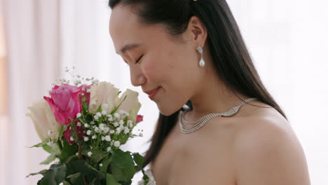 bouquet flowers, smell and asian bride smile