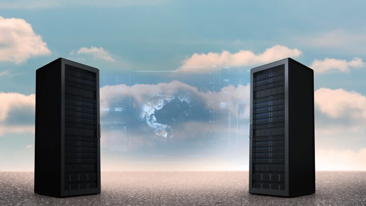 Data servers and numeric screen with blue sky in the background