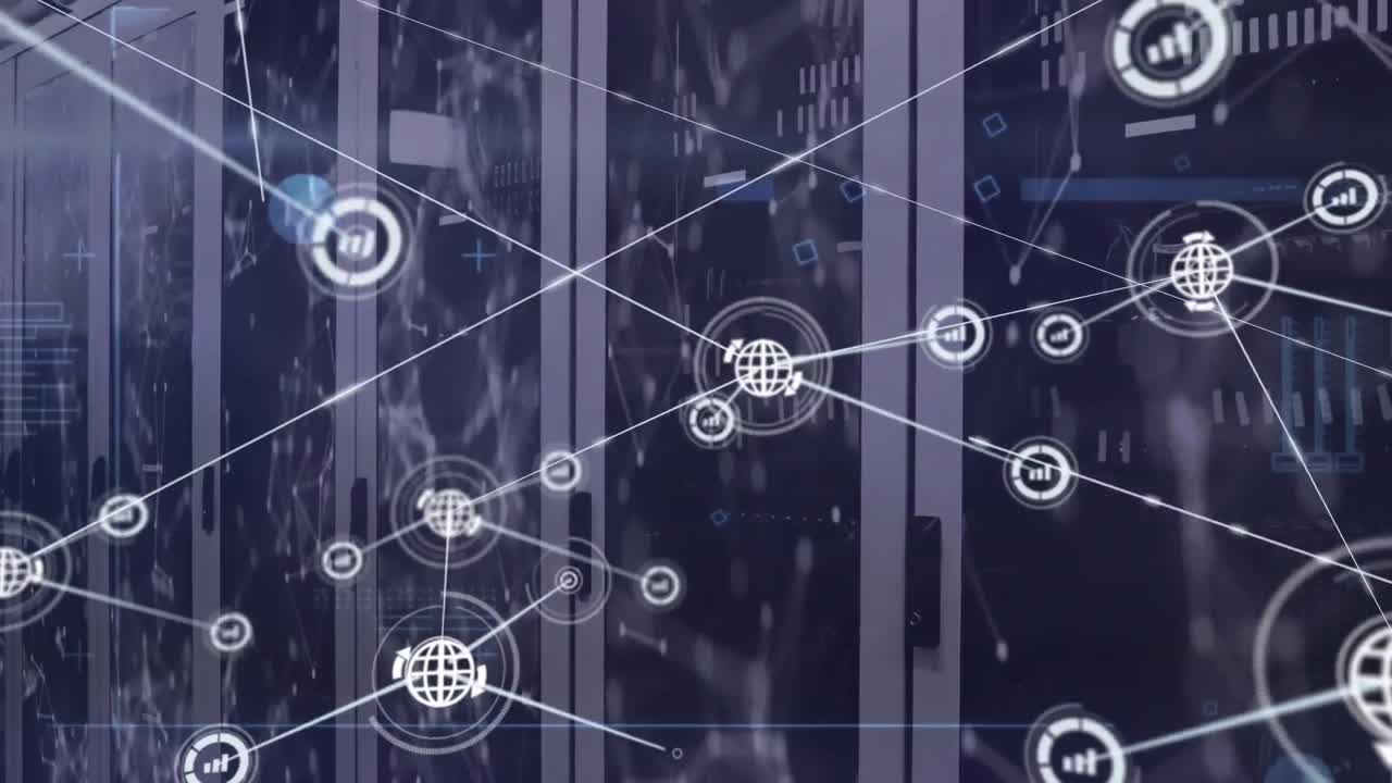 Animation of network of connections with icons over caucasian male worker in warehouse