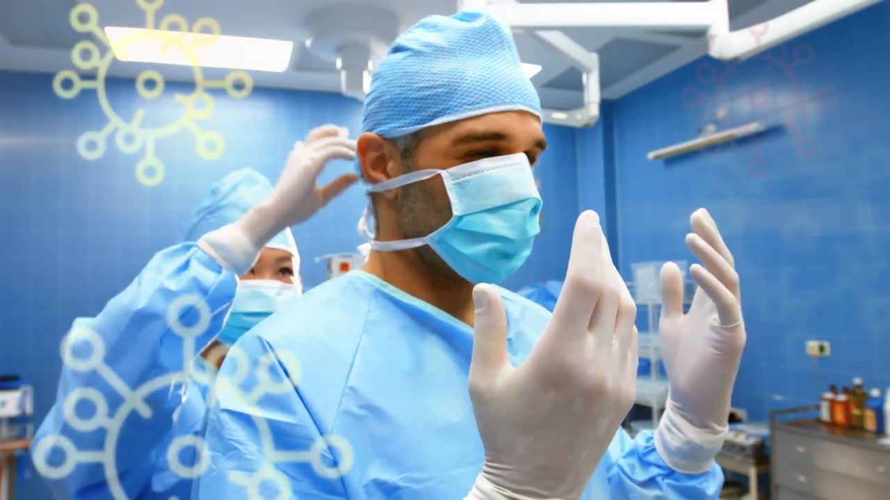 animación de células de covid 19 en movimiento sobre cirujanos con máscaras faciales