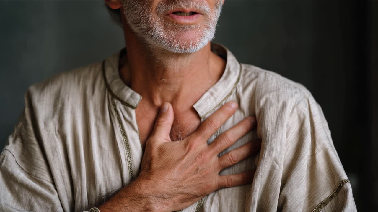 Un uomo con la barba grigia si stringe il petto. La sua espressione mostra angoscia o dolore. Indossa una camicia chiara e ampia. Si staglia su uno sfondo semplice e scuro. Ideale per il settore sanitario e il benessere.