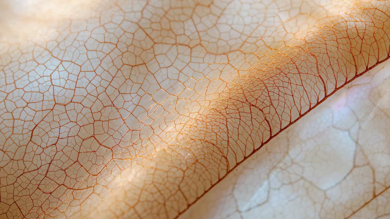 Spostamento della camera che rivela una sottile foglia secca su tutta l'area macro, mostrando la nervatura centrale e le venature rosso-marroni