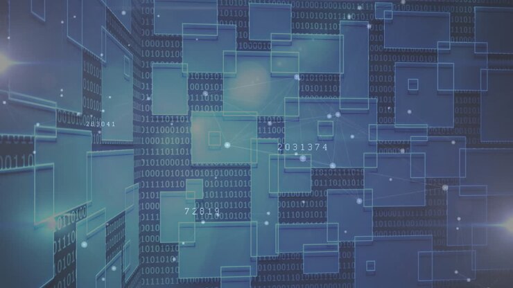 Digital network floating over blue binary code, connecting glowing nodes with translucent 3D panels