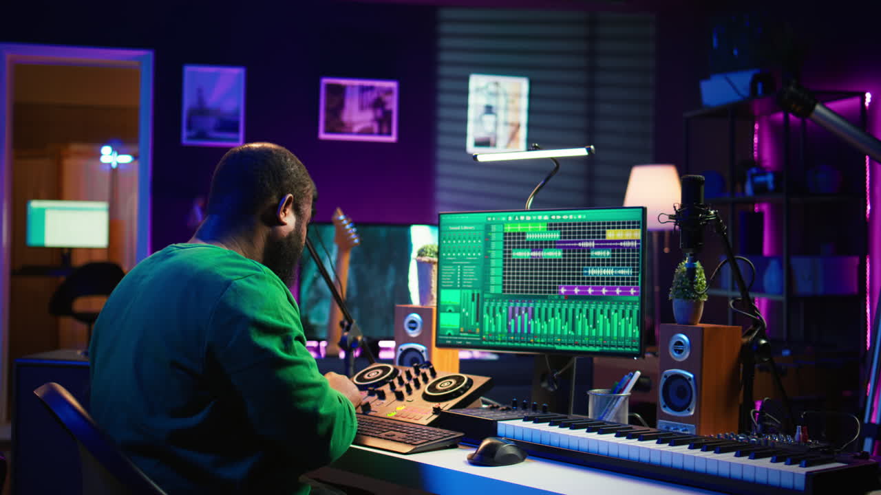 African american composer creating a new track for a project