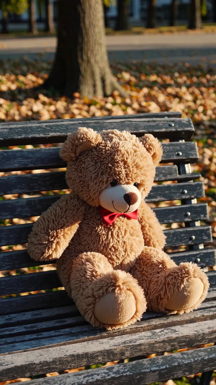A teddy bear sits on a park bench surrounded by fallen leaves. Captured at eye level, the video