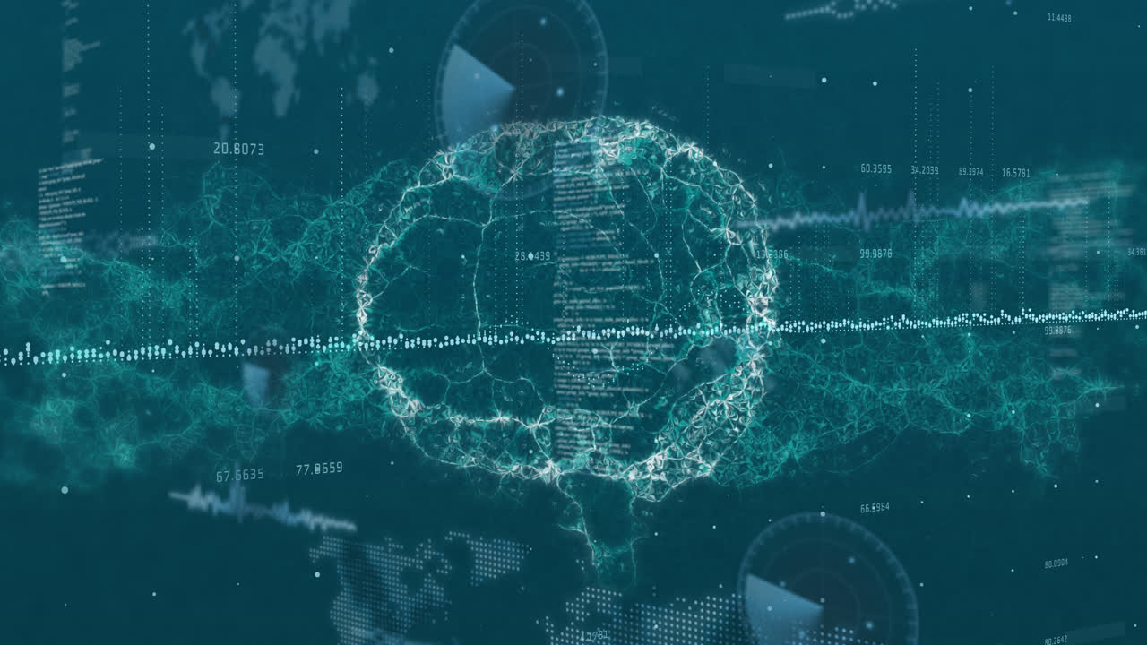 데이터 처리의 애니메이션과 디지털 스크린에서 회전하는 인간의 뇌