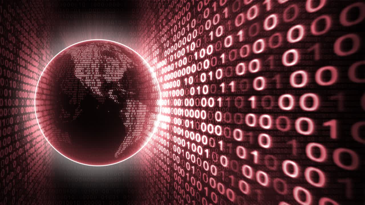 planeta tierra rojo con fondo de código binario. animación de bucle