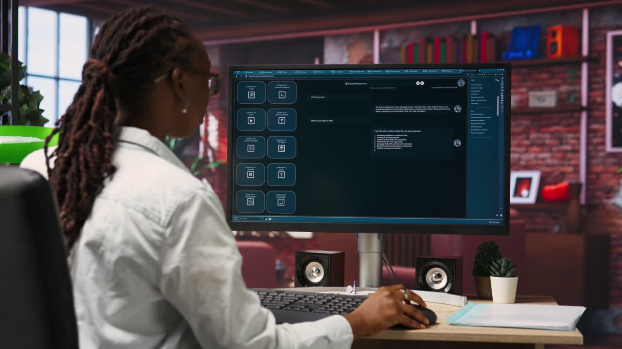 Woman solving personal tasks with AI LLM chatbot answering prompts
