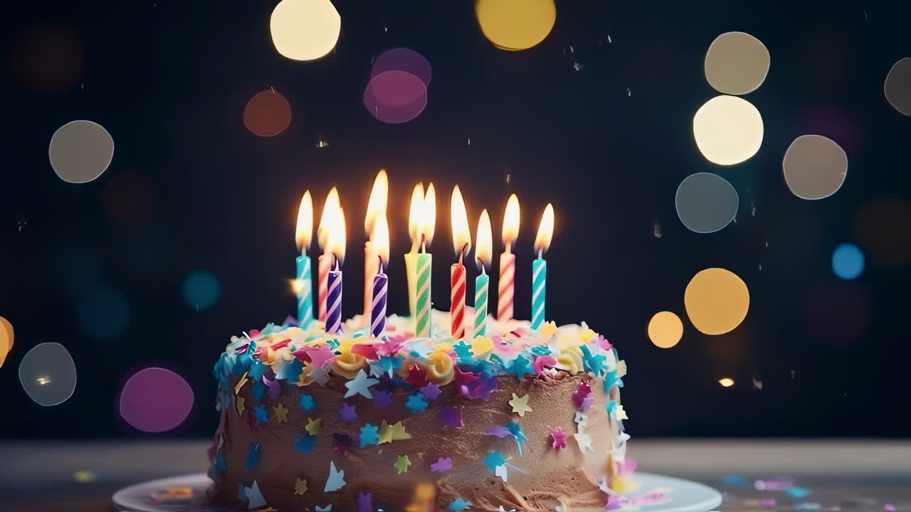 Delicious chocolate birthday cake with lit candles, colorful sprinkles, and a festive bokeh background celebrating a special occasion, creating a joyful and celebratory atmosphere