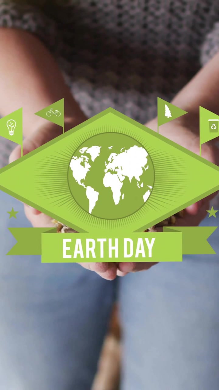 Animation of earthday text over caucasian woman holding seeds with chicken in background