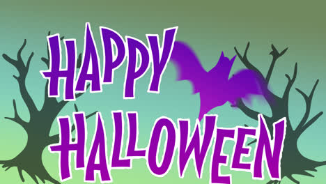 animación de saludos de halloween y murciélago sobre fondo verde con árboles