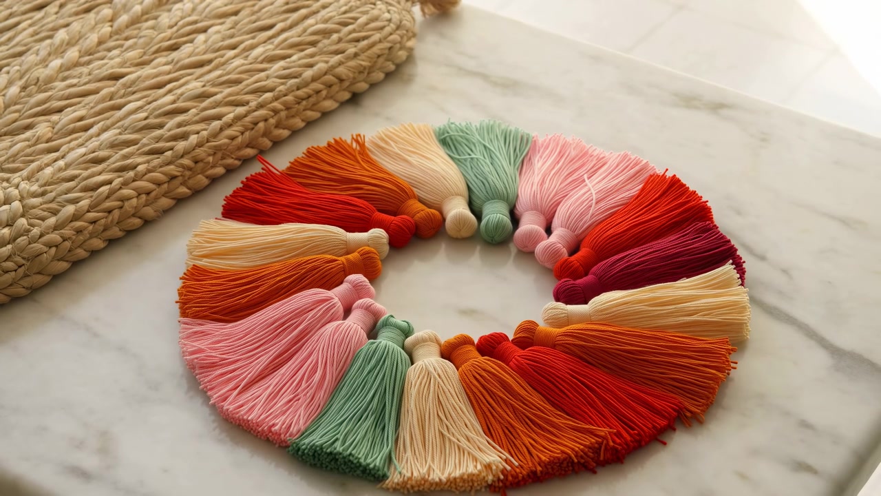 Exhibición estática de corona de dulces coloridos, en una superficie de madera blanca con una estera tejida de fondo, con corona de dulces, con textura de caramelo de azúcar, desde una perspectiva cenital, detalle claro
