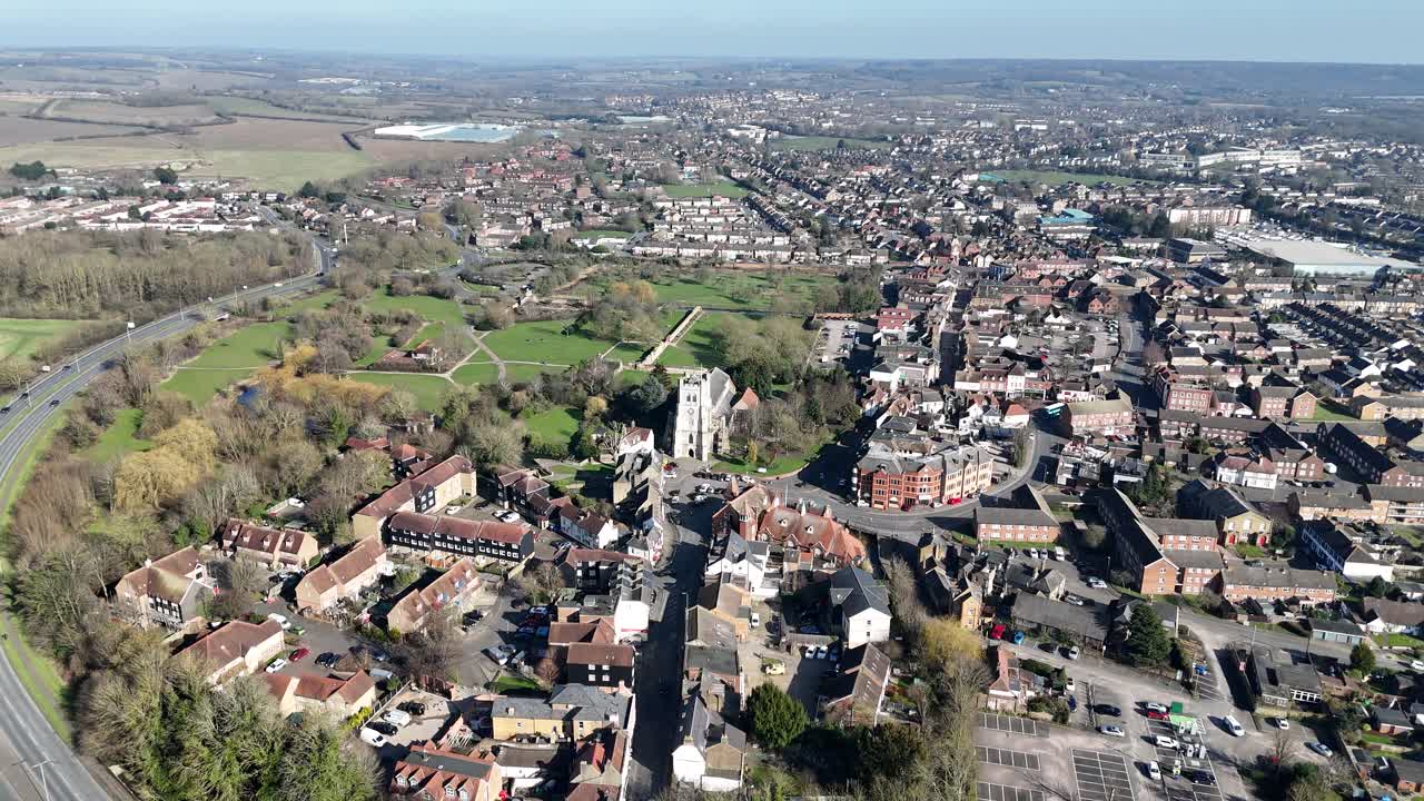 Waltham Abbey town Essex UK Panning drone aerial