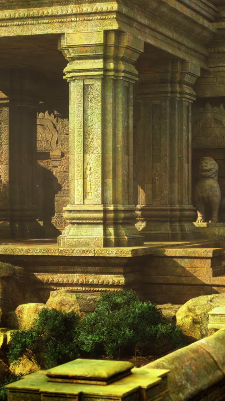 Un magistrale tempio di pietra si erge fiero tra una vegetazione lussureggiante e una luce soffusa