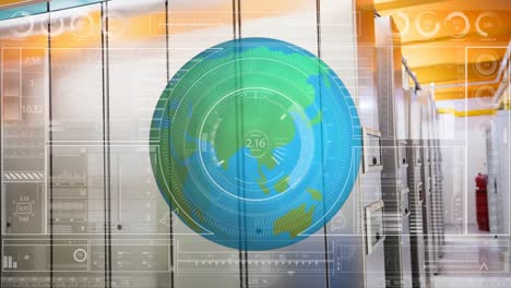 Earth-globe-rotating-against-server-room-background-with-data