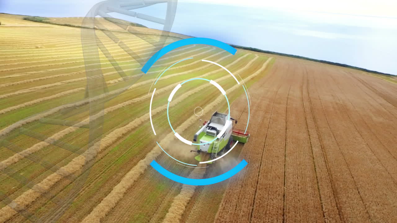 Combining precision farming, harvesting wheat with combine harvester showing flat design overlay