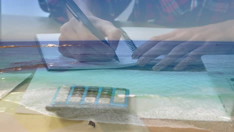 animación de una mujer caucásica escribiendo en un cuaderno sobre una playa