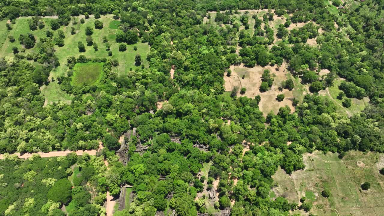 Drone captures dense vegetation surrounding Beng Mealea’s historic temple