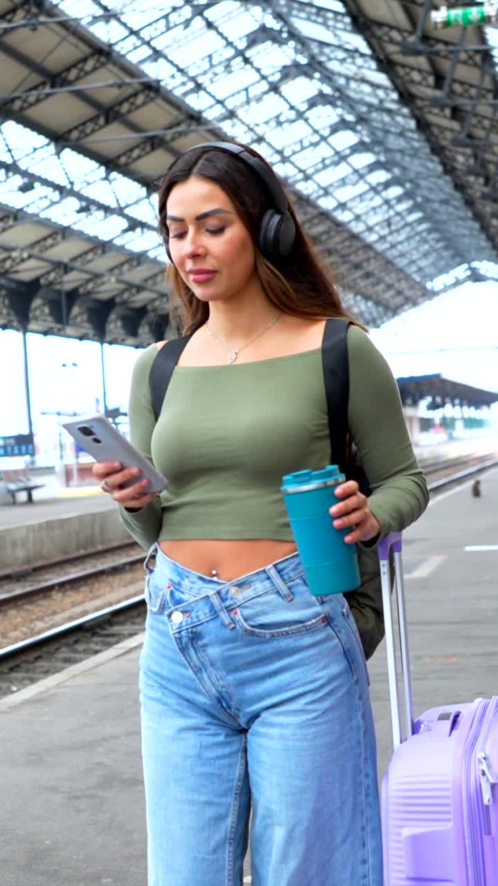 mujer usando el teléfono en la estación de tren