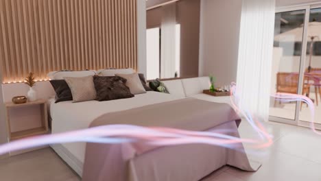 interior de dormitorio moderno con una cama grande, almohadas decorativas, pared de acento de madera y luz natural de puertas corredizas de vidrio que conducen a un balcón. diseño contemporáneo con decoración minimalista.