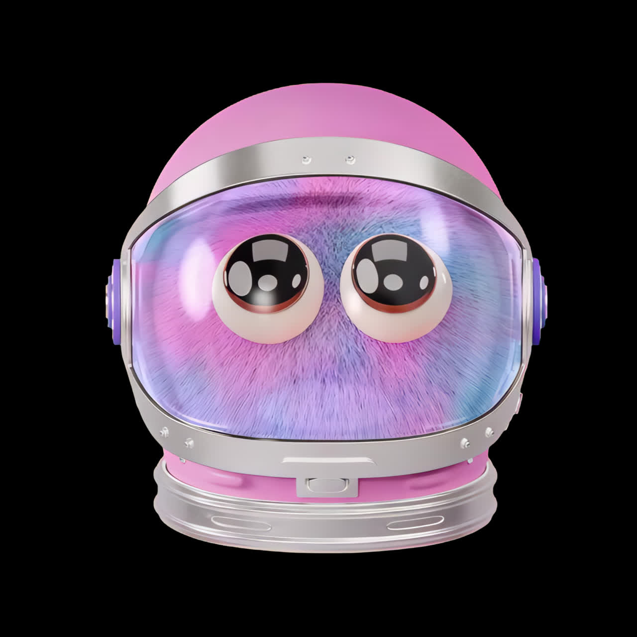 Fluffy monster in astronaut helmet animation isolated asset, transparent 4K video, alpha channel