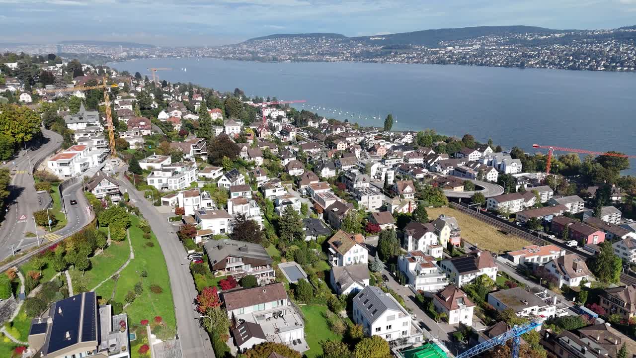 Zurich Switzerland city life and lake view Z&uuml;richsee 4K drone shot