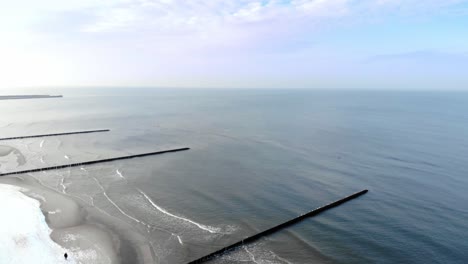 Aerial-shot-of-sandy-beach-in-Ustka-in-winter