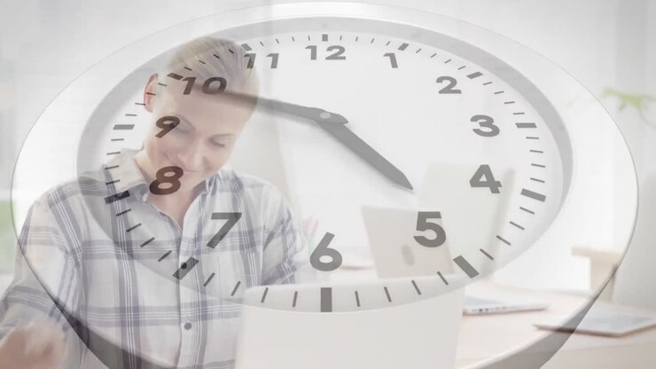 Animation of clock moving fast over network of connections with laptop