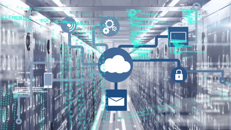 animazione della rete di connessioni con icone e elaborazione dei dati su server informatici