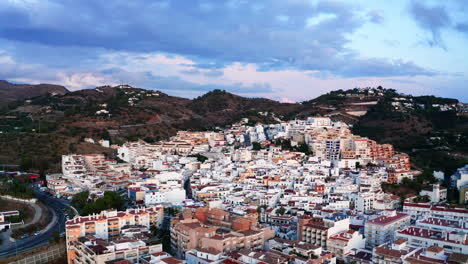 Amazing-Aerial-view-with-sunset-over-La-Herradura,-Granada,-Andalusia