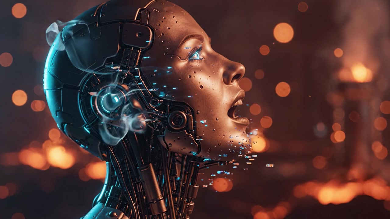 Donna robot futuristica in un paesaggio infuocato, che esprime una profonda emozione in mezzo a tecnologia surreale ed elementi naturali – esplorando l'estetica dell'IA e le caratteristiche simili a quelle umane.