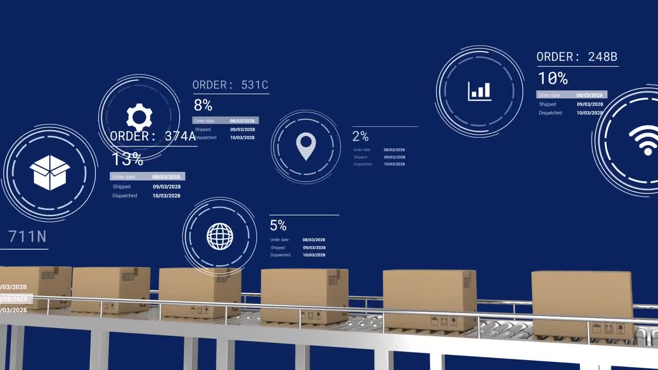 animación de iconos con procesamiento de datos sobre cajas en cinta transportadora sobre fondo azul
