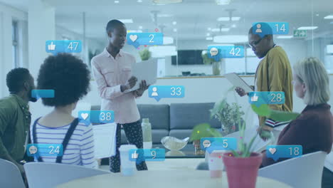 animation of icons and data processing over diverse business people in office