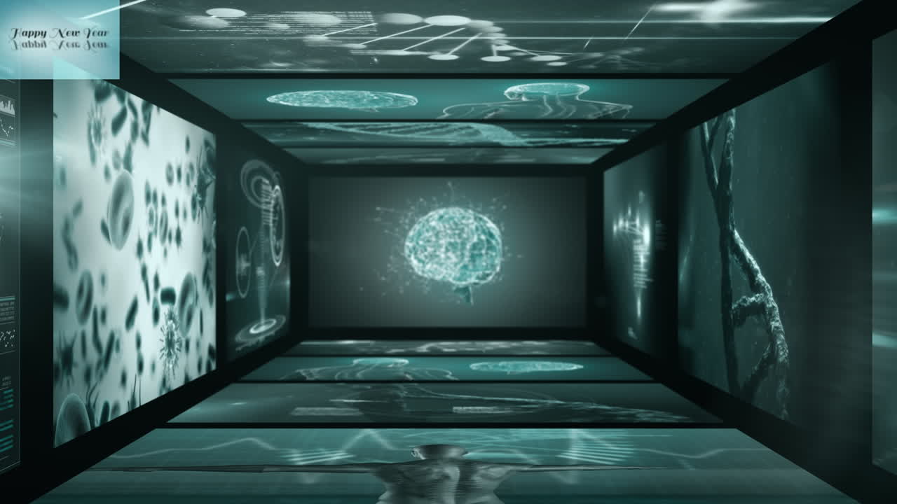 Animazione di dati scientifici e biologici su un tunnel formato da schermi, con sfondo nero.