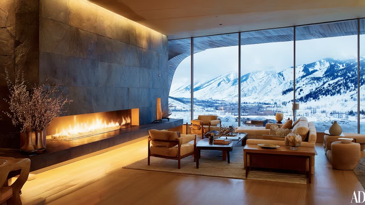 A Cozy Modern Living Room Featuring a Sleek Fireplace, Comfortable Seating, and Stunning Mountain Views Through Expansive Windows, Perfectly Blending Nature and Interior Design Aesthetics