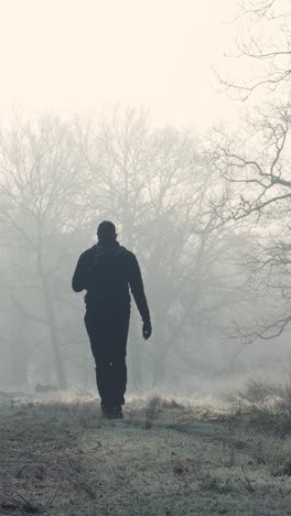 man hiking in foggy forest