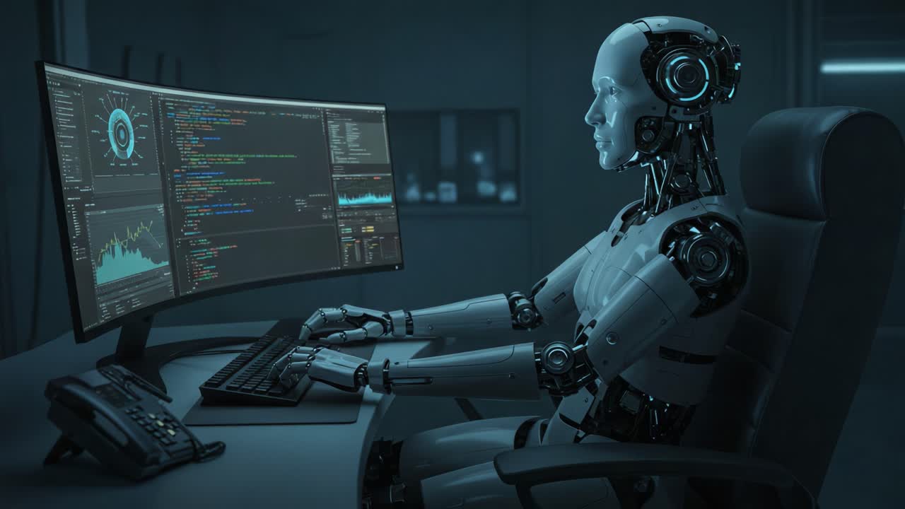 A futuristic robot engaged in advanced programming tasks at a sleek workstation, showcasing the integration of technology and artificial intelligence in modern computing environments