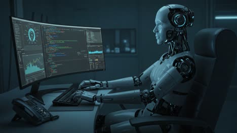 a futuristic robot engaged in advanced programming tasks at a sleek workstation, showcasing the integration of technology and artificial intelligence in modern computing environments