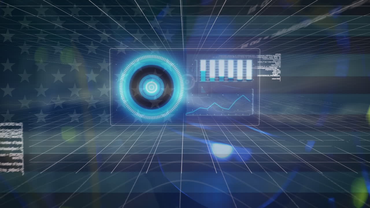 animación de escaneo de alcance y procesamiento de datos sobre la bandera de los estados unidos