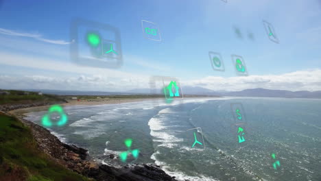 animation of network of eco icons over seascape