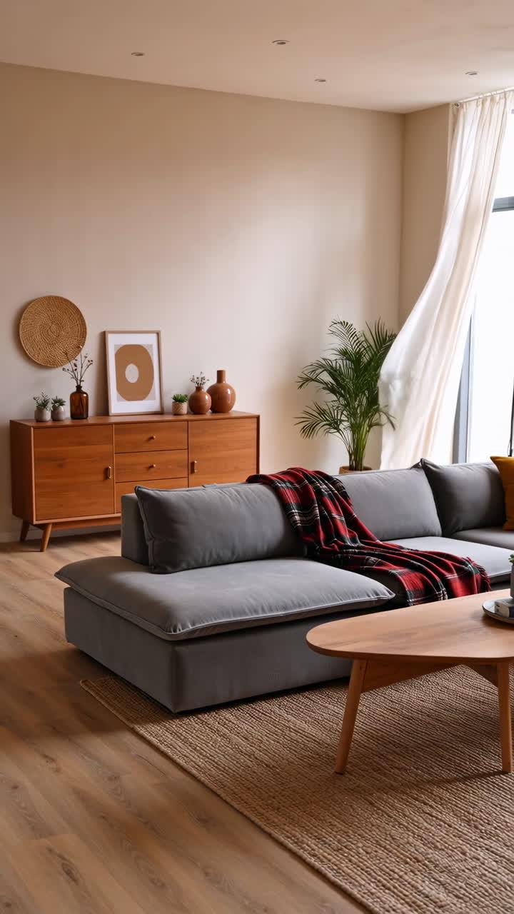 Sala de estar acogedora y moderna con sofá seccional gris y muebles de madera