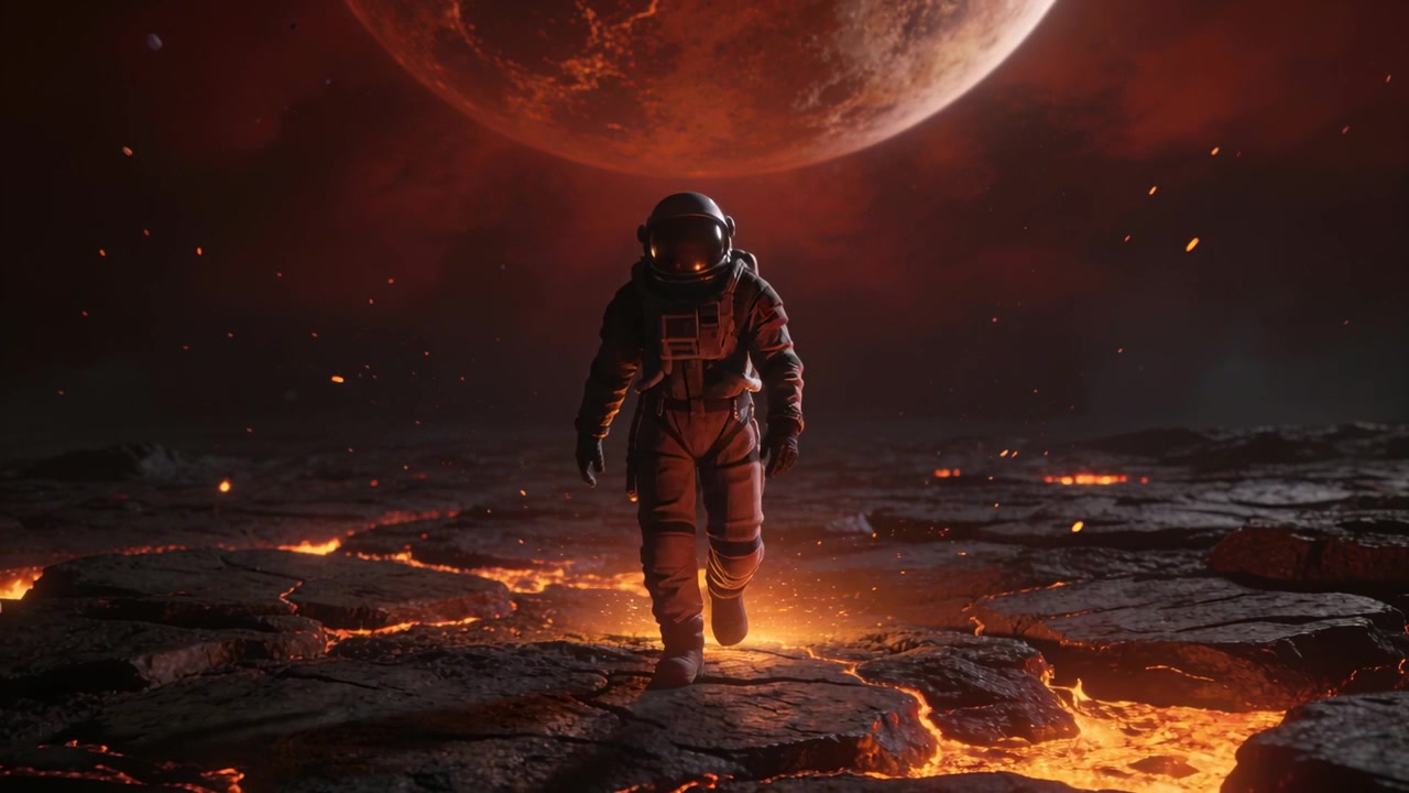 Gående astronaut i rumdragt bevæger sig mod kameraet over en revnet lavaplette og viser hjelmlys.