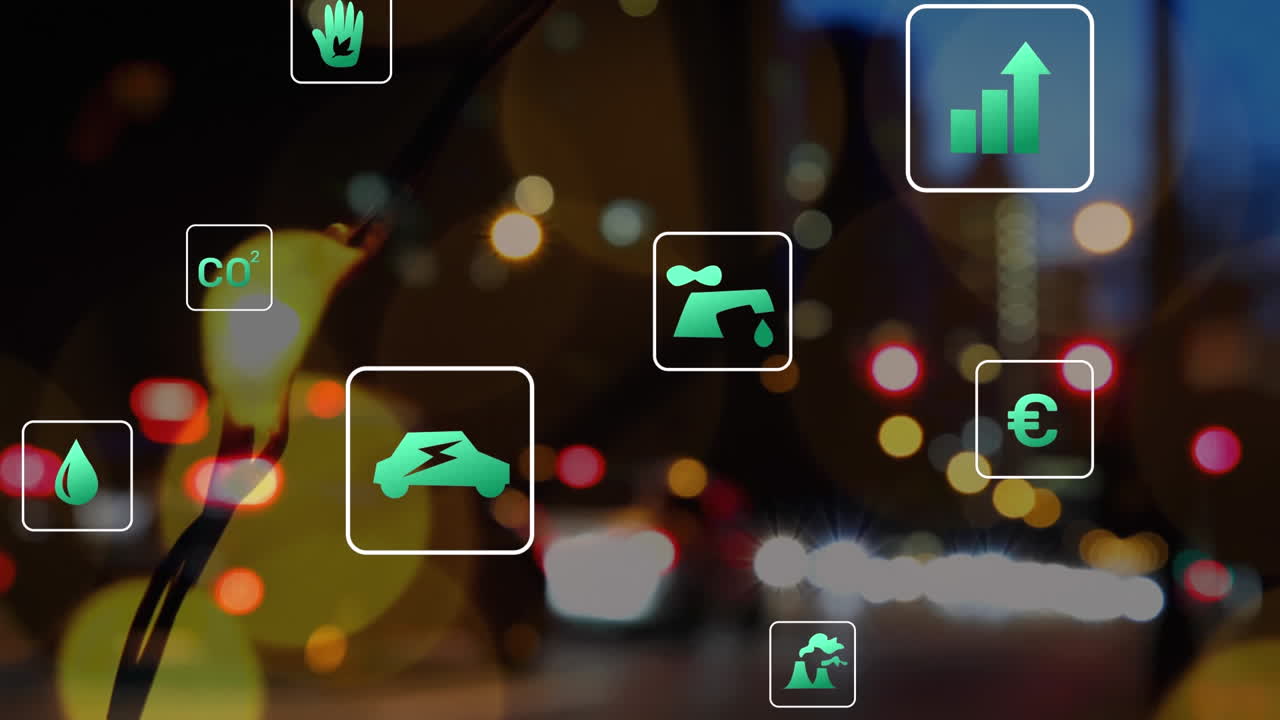 Animation of electric car icons and data processing over city lights