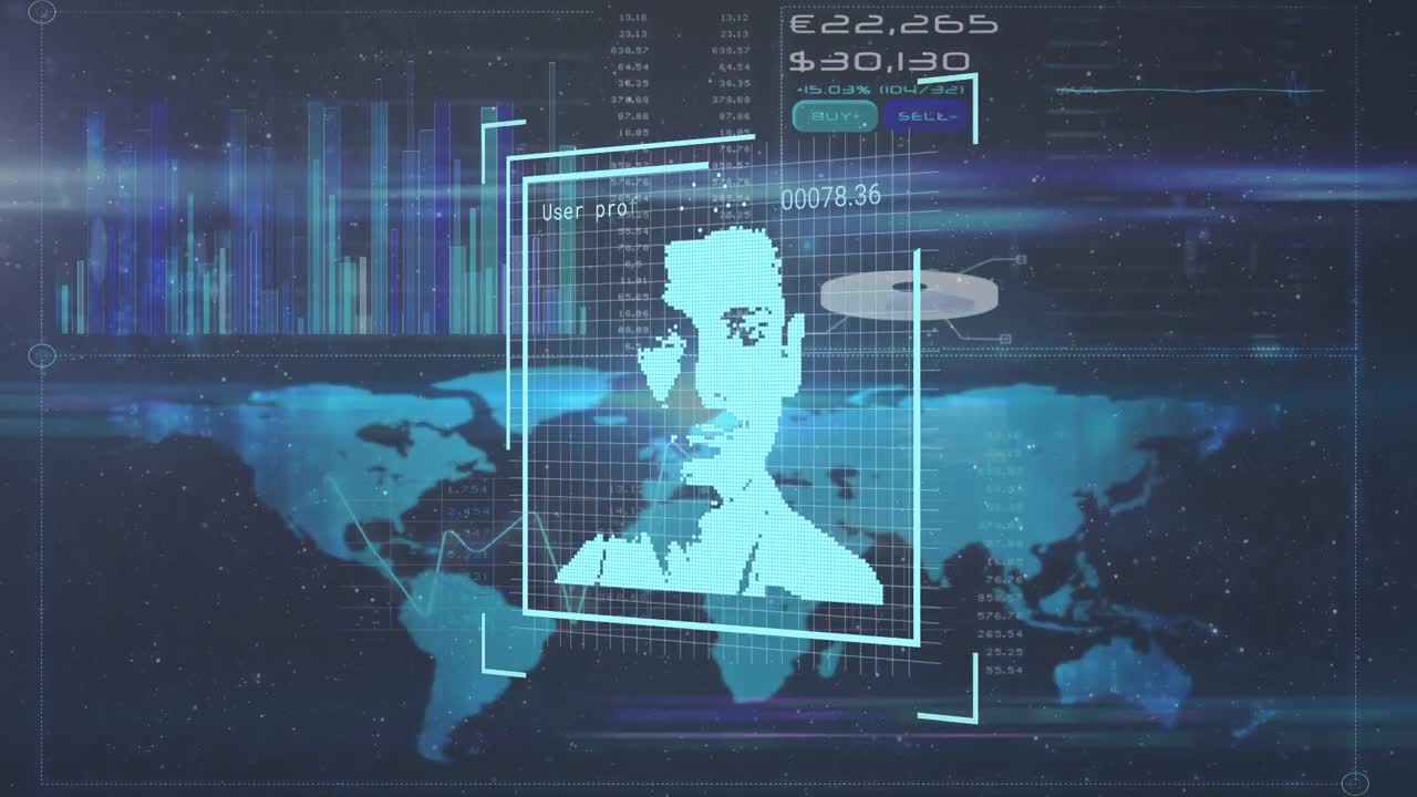 анимация изменения икон профиля через интерфейс с обработкой данных на синем фоне