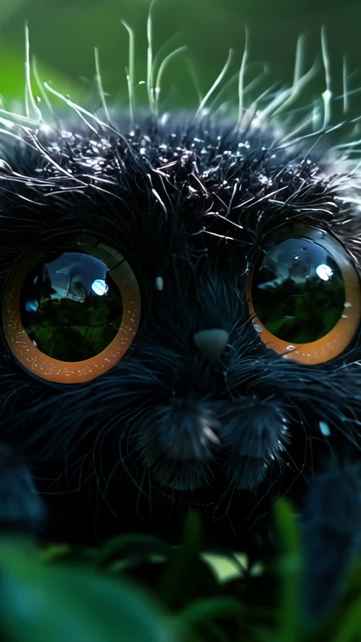 A spider with big eyes is sitting on a green leaf. The spider is small and black. The leaf is green and has some water droplets on it