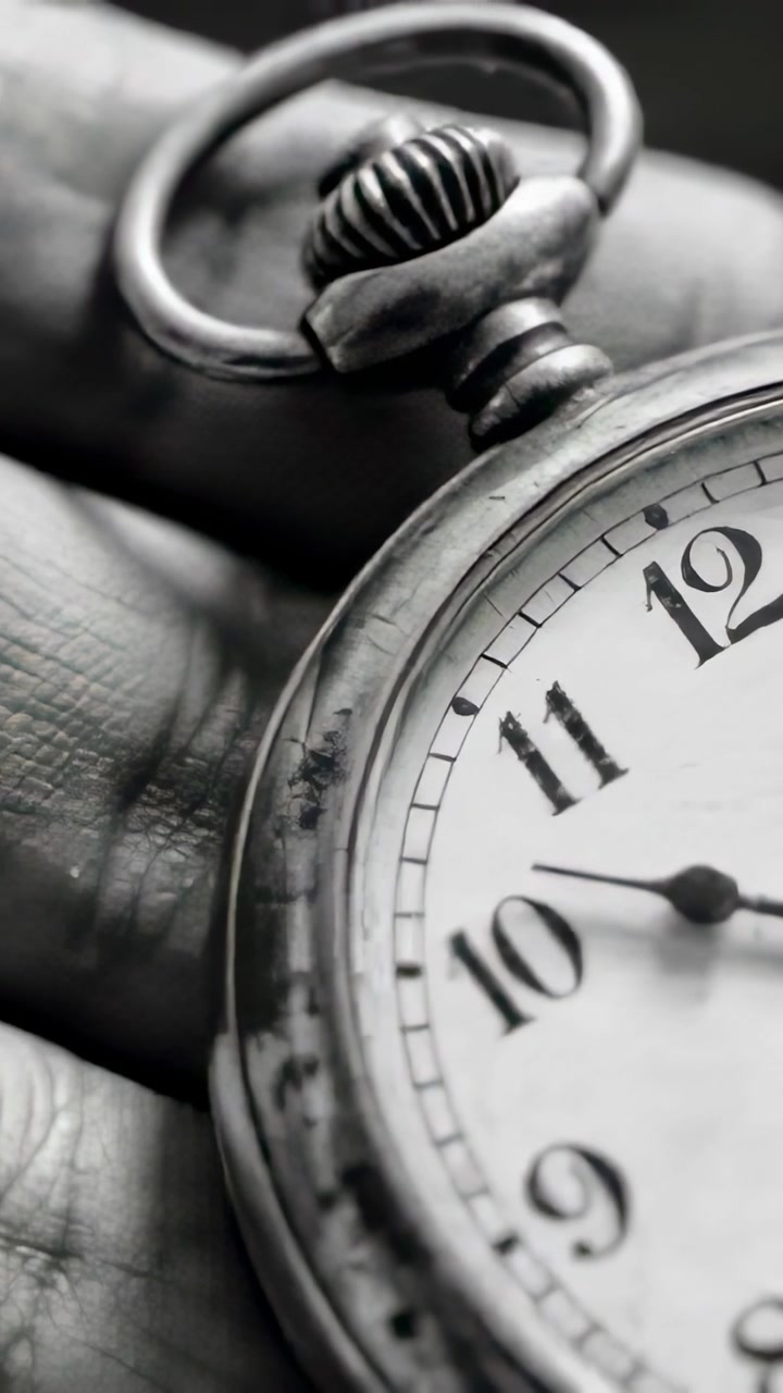 Vertical video: Pulling camera back revealing fingers holding pocket watch in macro, showing patina