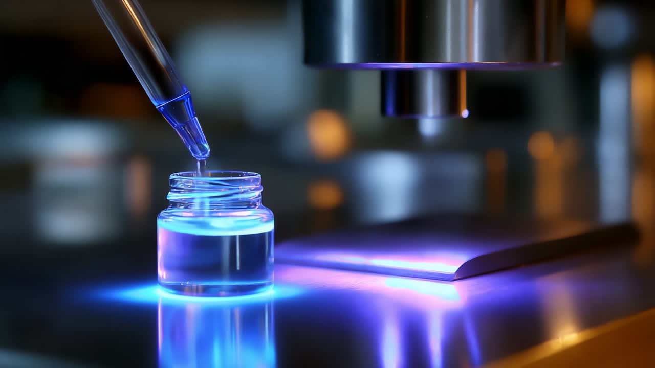 A close-up view of a scientific experiment featuring a precision pipette delicately dispensing liquid into a glow-illuminated container under the scrutiny of advanced microscopy equipment