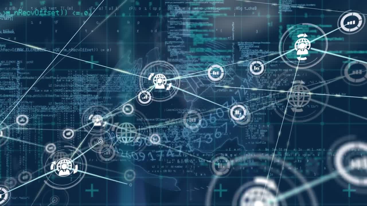 animación de la red de conexiones con iconos sobre la cuadrícula